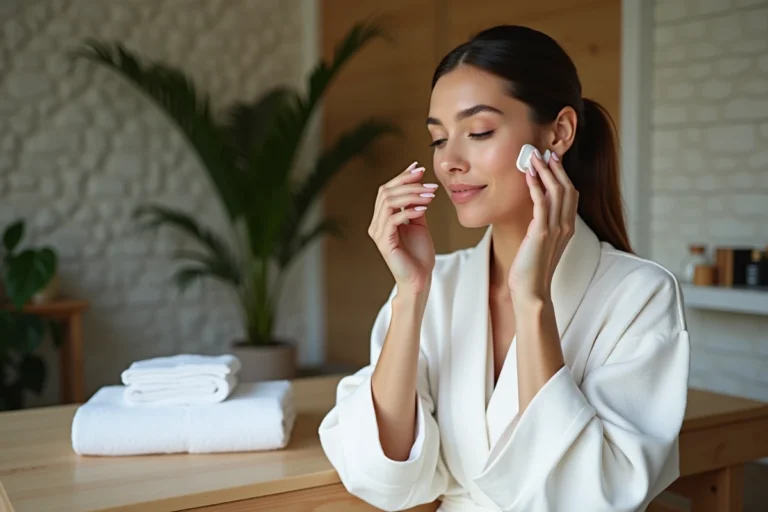 Femme détendue appliquant une crème visage dans un spa intérieur