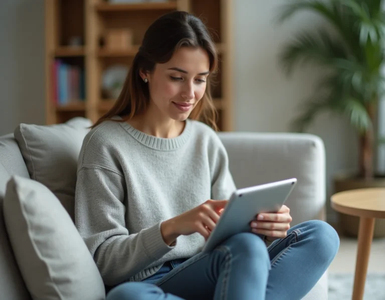 Femme téléchargeant l'application Mon Proxima sur une tablette Android dans un salon moderne