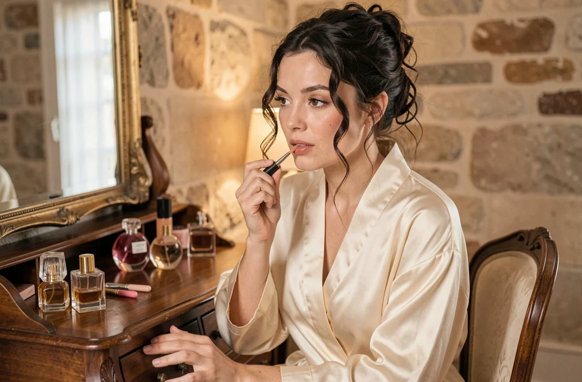 Femme aux cheveux bouclés appliquant un gloss nude devant une coiffeuse vintage dans un appartement parisien élégant