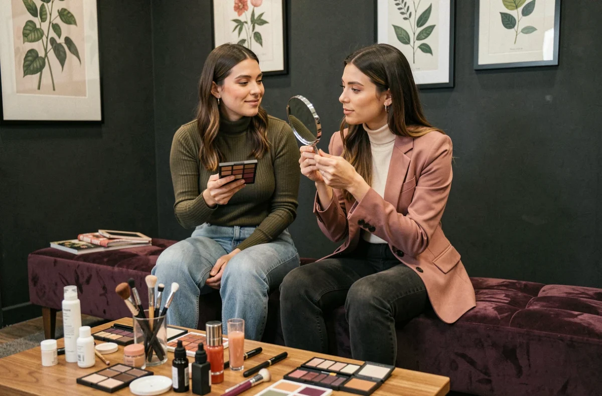 Deux femmes testant des palettes de maquillage tendance dans un studio beauté urbain aux murs anthracite