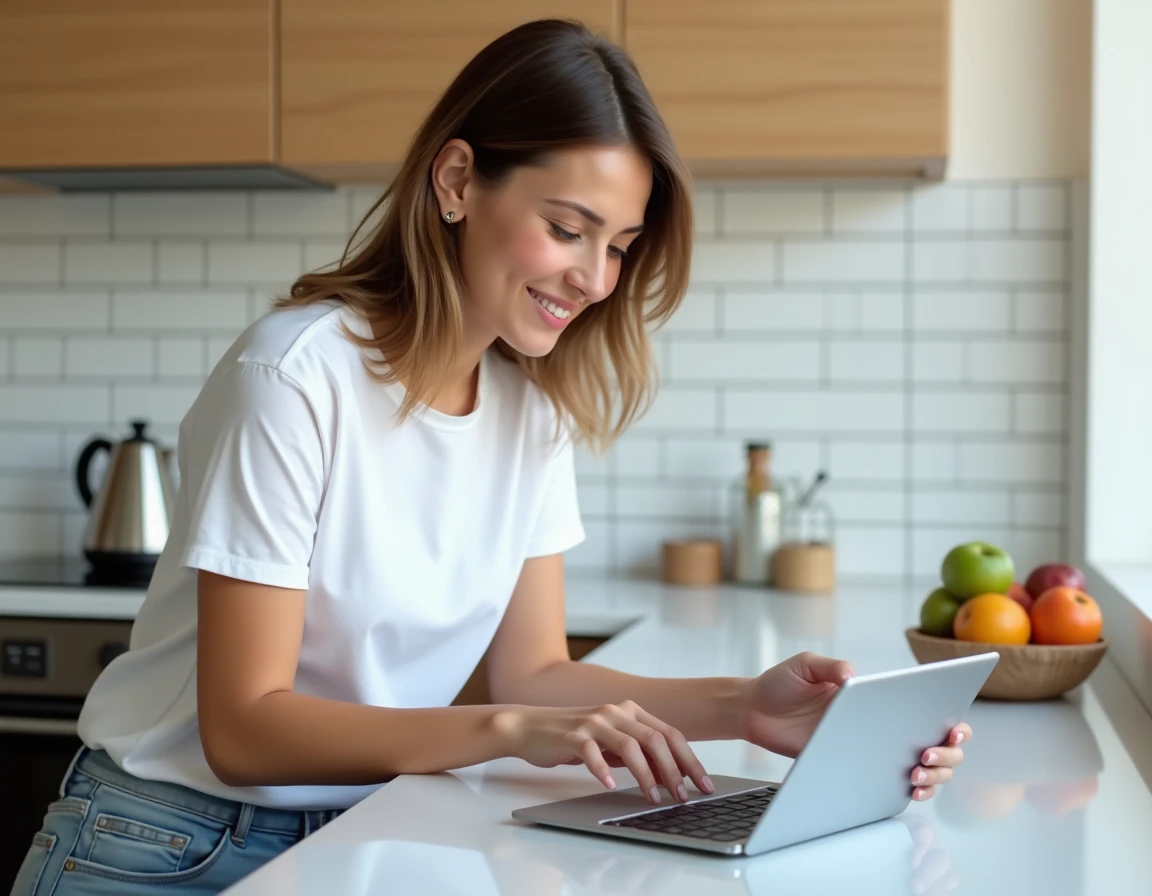 Jeune femme consultant le tutoriel de configuration de Mon Proxima sur tablette dans une cuisine moderne
