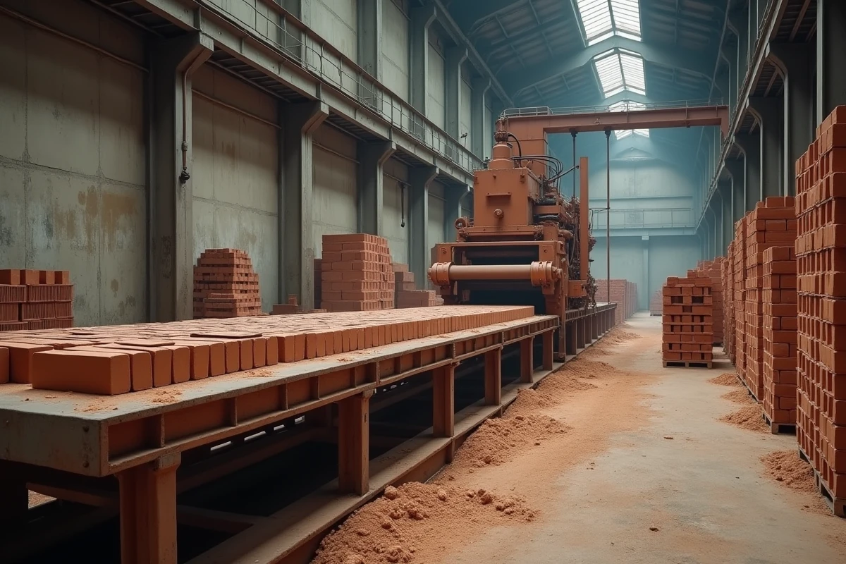 Vue intérieure d'une usine industrielle de fabrication de briques avec machine d'extrusion et convoyeur automatisé