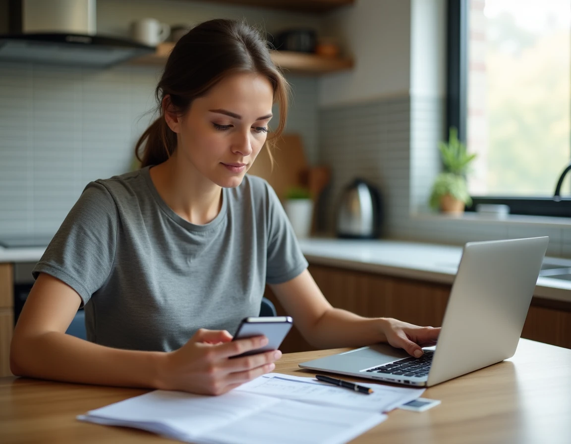 Femme vérifiant les conditions d'un chèque de caution sur ordinateur avec contrat de location imprimé