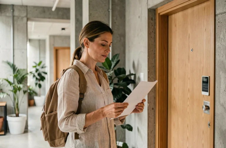 Voyageuse consultant les garanties de l'assurance Aircover Airbnb à l'entrée d'un appartement en location